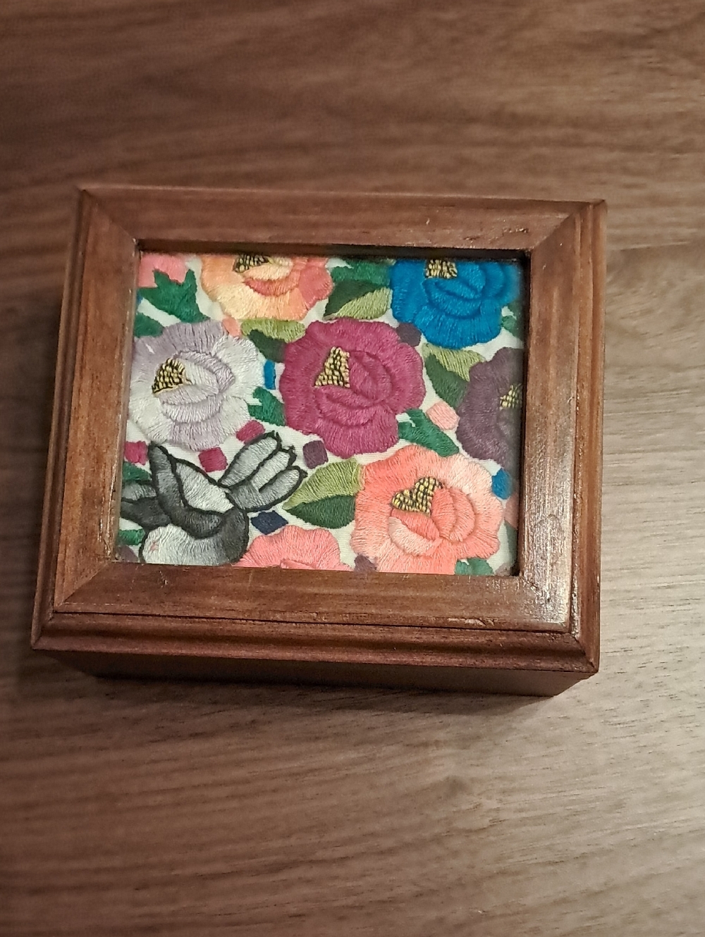Embroidered Floral Wood Trinket Box - Multicolor